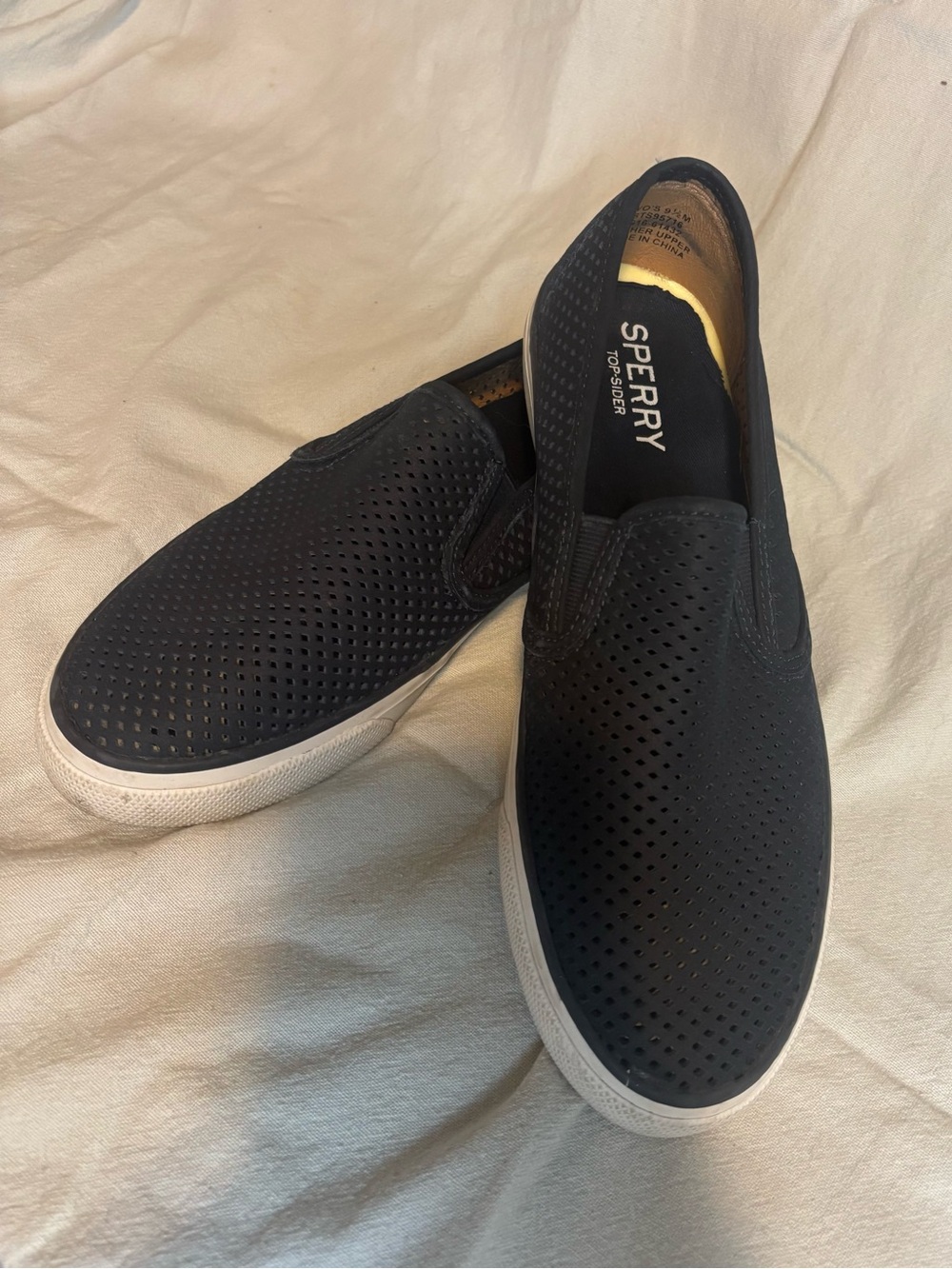 Sperry Women’s Navy Blue Perforated Slip-On Loafers with White Sole